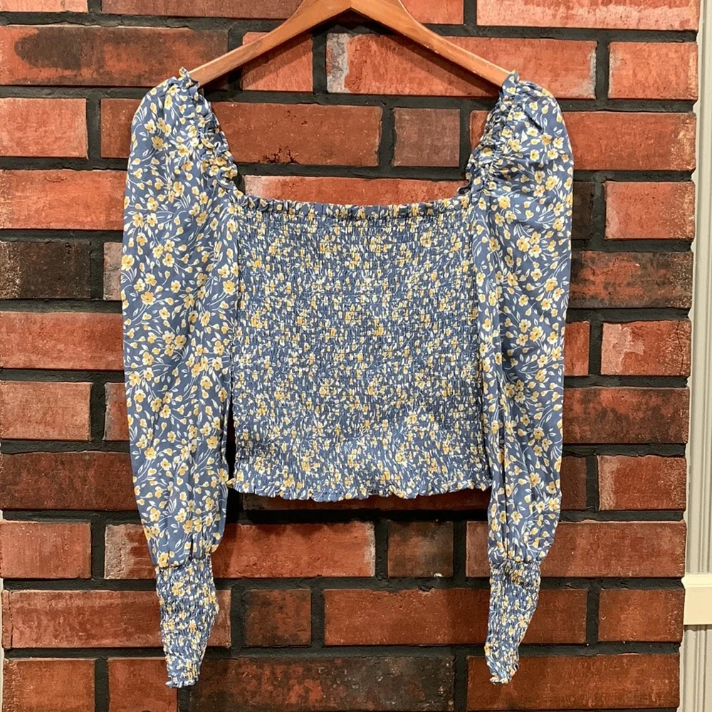 Reformation Blue Floral Smocked Square-Neck Top